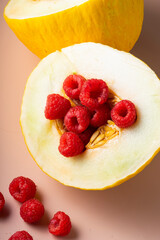 selective focus. fresh ripe fruit, melon and raspberry