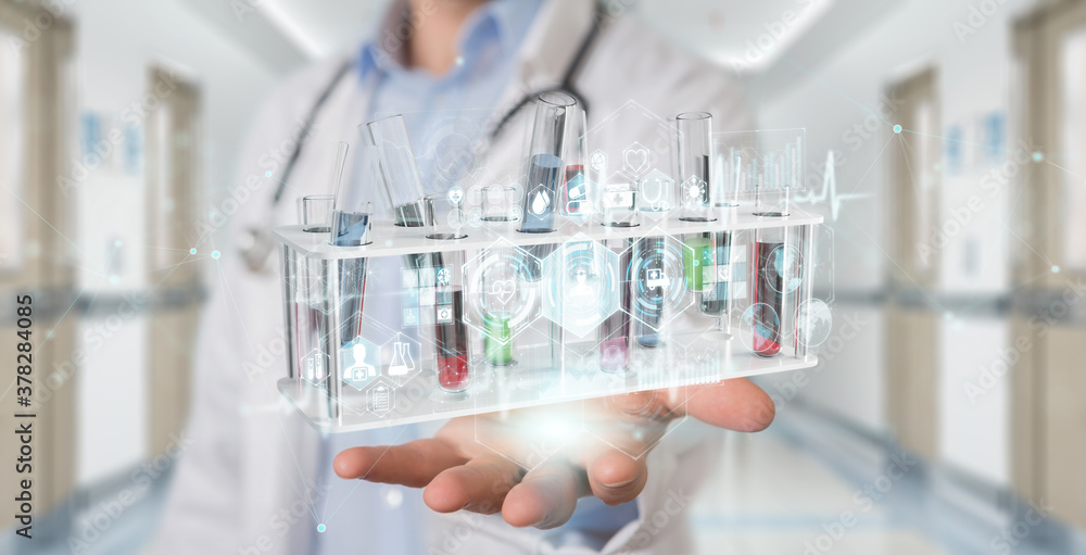 Aufkleber researcher holding and touching medical analysis in tubes samples 3d rendering