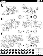 subtraction educational task with dogs coloring book page