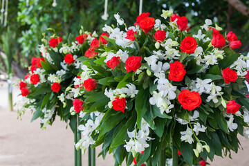 Floral arrangement at a wedding ceremony.