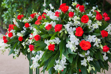 Floral arrangement at a wedding ceremony.