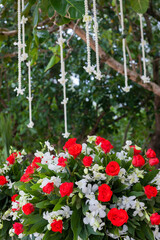 Floral arrangement at a wedding ceremony.
