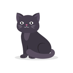 Black cute cat sitting. Cartoon kitten vector illustration.
