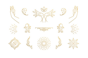 Vector line elegant decoration design elements set - star and gesture hands illustrations minimal linear style