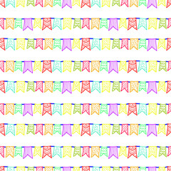 Seampless pattern with cute hand drawn bunting flags and garland. Vector background for funny holidays