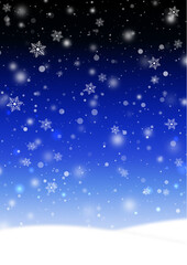 雪の結晶とふわふわの雪が降る雪原の風景　背景素材（青）縦