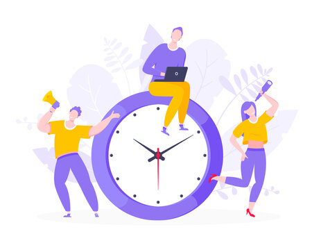 Effective work time management business concept flat style design vector illustration. Tiny people with megaphone and big clock working together. Time management or deadline metaphor.