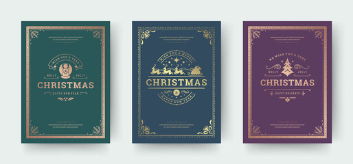 Christmas greeting cards vintage typographic design, ornate decorations symbols with santa claus, winter holidays wishes