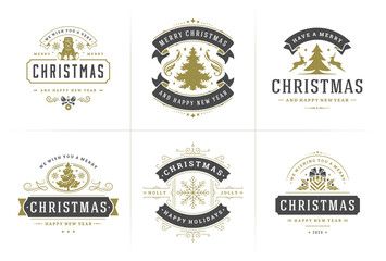 Christmas vector typography ornate labels and badges, happy new year and winter holidays wishes vector illustration