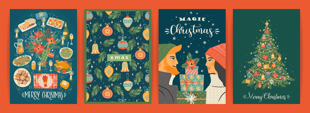Set of Christmas and Happy New Year illustrations. Trendy retro style.