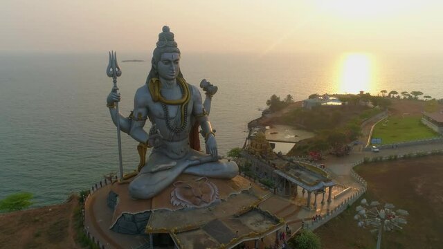 murudeshwar shiva statue drone shot by sea sunset south india drone