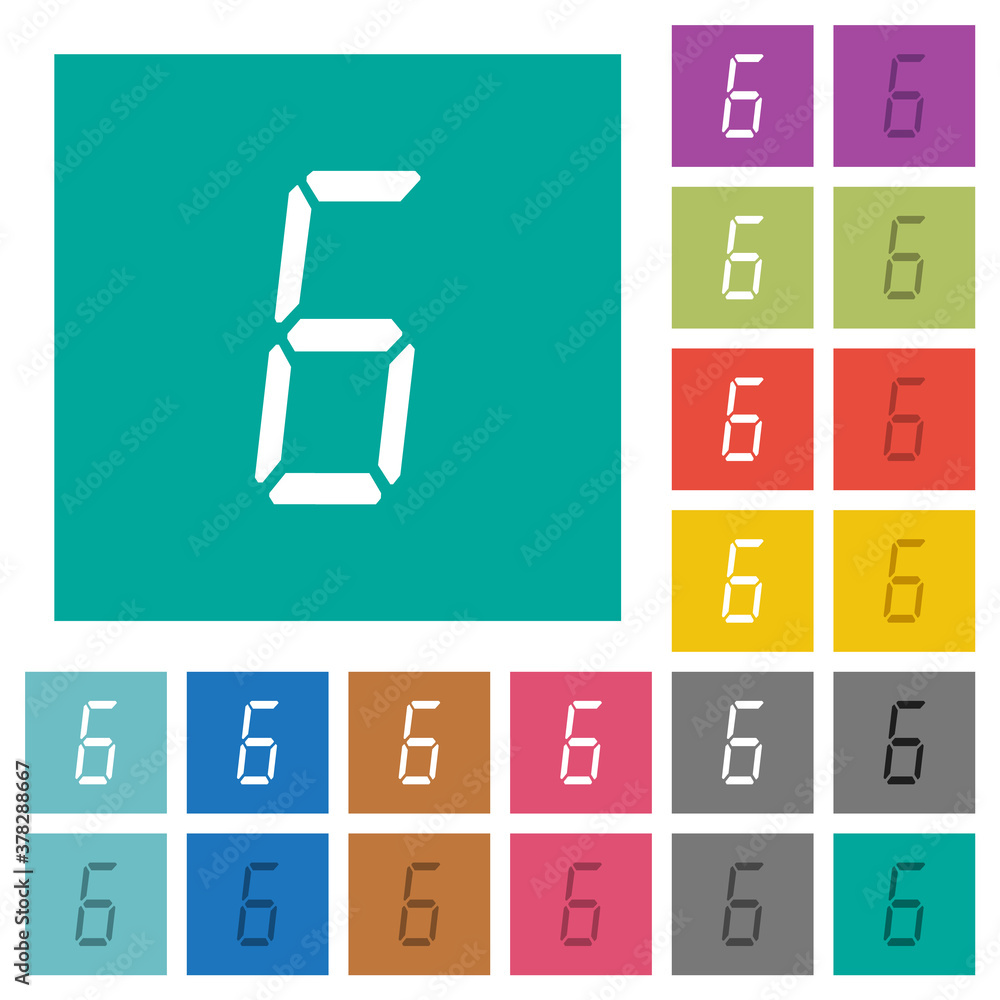 Poster digital number six of seven segment type square flat multi colored icons