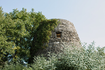 high stone tower with a window in the forest