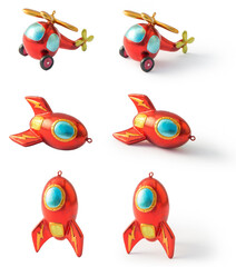 Fototapeta premium Set of Christmas toy for Christmas tree isolated on the white background. Rocket and helicopter.