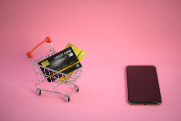 shopping cart with credit card ,smartphone ,shopping online concept