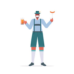 man in medical mask holding beer mug and sausage Oktoberfest party celebration coronavirus quarantine concept guy in german traditional clothes full length vector illustration