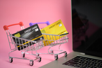 Shopping Online Concept : Mini Shopping Cart On Laptop
