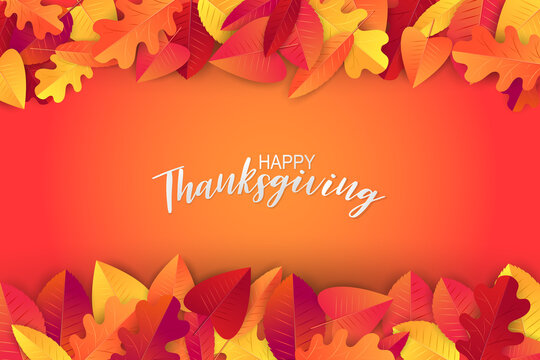 Happy Thanksgiving background  with fall leaves. Seasonal event celebration poster for invitation or advertisement. Realistic vector illustration with typography text.