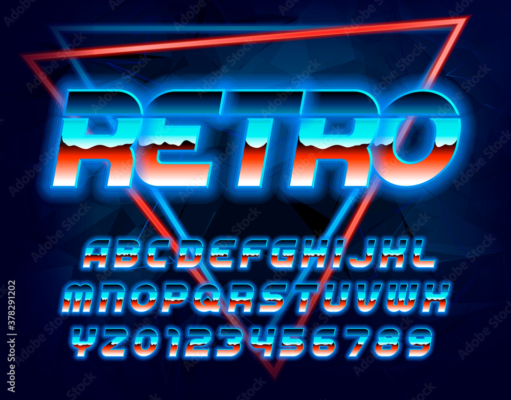 Fototapete retro alphabet font. shining letters, numbers and symbols in 80s style. retro-futuristic vector type