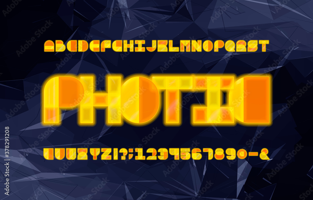 Poster photic alphabet font. geometric neon letters, numbers and symbols. abstract polygonal background. st