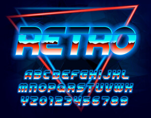 Retro alphabet font. Shining letters, numbers and symbols in 80s style. Retro-futuristic vector typescript for your typography design.