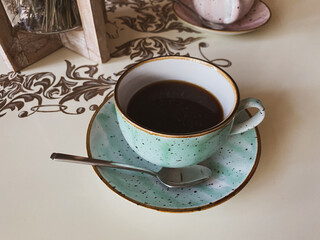 a cup of coffee in a restaurant