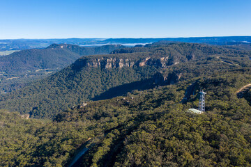 Aerial view of a transmission tower in The Blue Mountains