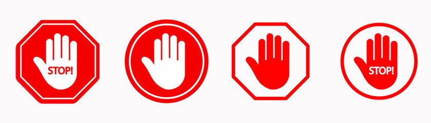 Stop hand on red and white background, vector graphics