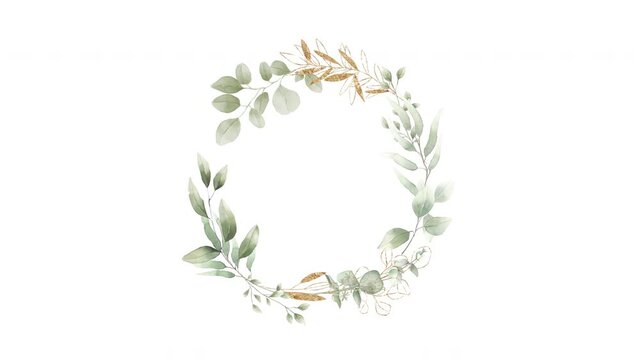 foliage eucalyptus herbal watercolor wreath frame with gold line art white matte alpha channel