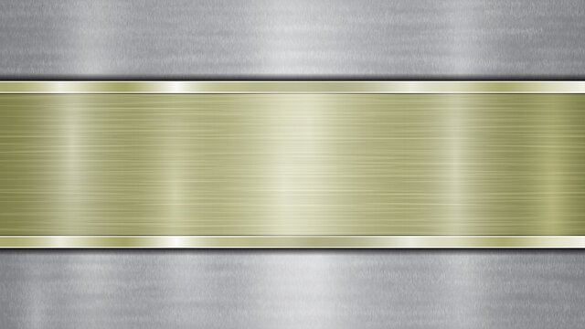 Background consisting of a silver shiny metallic surface and one horizontal polished golden plate located centrally, with a metal texture, glares and burnished edges