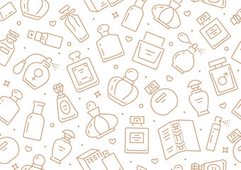 Perfume bottles seamless pattern with line icons. Vector background illustration included icon as glass sprayer, luxury parfum sampler, essential oil, cologne gold white wallpaper for cosmetic store