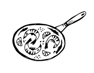 Shrimps, lemon slice, rosemary in a pan, top view. Food preparation, seafood, traditional cuisine. For labels, menu, recipe, kitchen design, cafe. Hand-drawn black and white vector ink sketch.