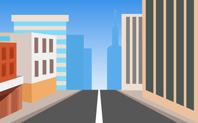 Beautiful city landscape background. Silhouette of city streets with road, high-rise buildings, skyscrapers and skyline ahead. Abstract gradient landscape background. Silhouette template of banner.