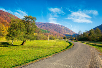 Fototapeta na wymiar country road winding through the valley. wonderful autumn landscape in mountains. forest on hills in colorful foliage. sunny weather with fluffy clouds on the sky