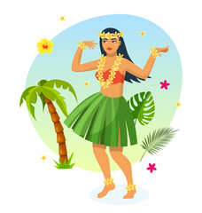 Hawaiian party. Hawaiian girl in traditional dress made of leaves, dancing among palm trees and tropical plants. Cultural traditions, dancing girl. Tropical vector hawaiian beach party.