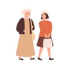 Schoolgirl and grandmother going to primary school together vector flat illustration. Girl student or pupil hurry to lesson with grandma isolated on white. Old woman accompany to cheerful female kid