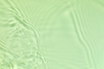 Closeup of mint green transparent clear calm water surface texture with splashes and bubbles. Trendy abstract summer nature background. Mint colored waves in sunlight. Copy space