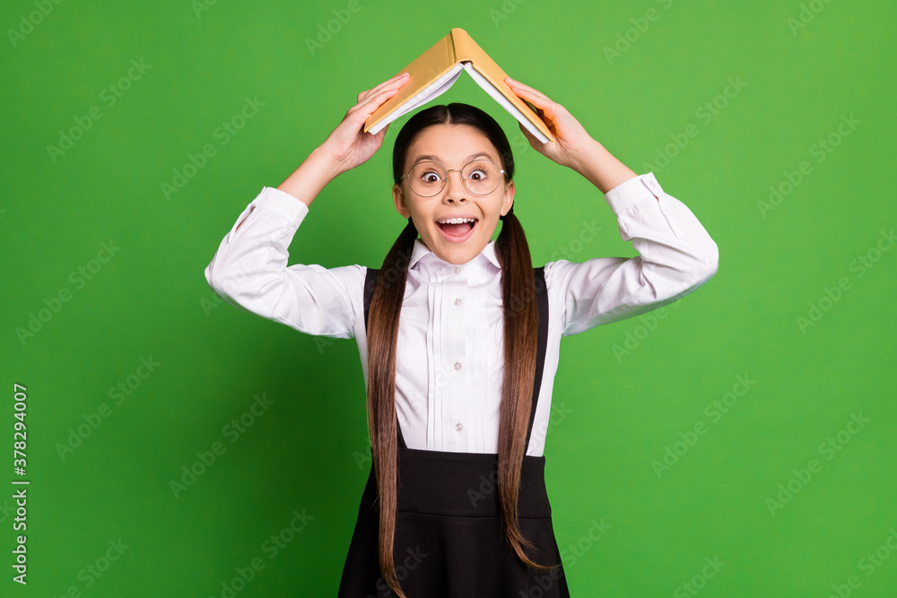 Poster Photo of pretty charming small lady in front of blackboard hold book above head playing friends classmates school break excited wear white shirt glasses isolated green color background