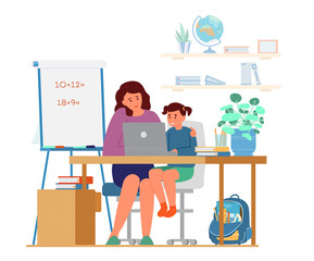 Homeschooling Concept. Mother Or Tutor Teaching Girl At Home. Girl Sitting At Desk At Laptop. Flat Vector Illustration.
