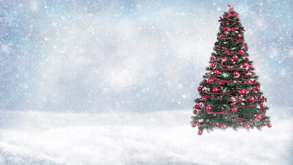Fototapeta na wymiar Christmas festive background. White snow drifts and Christmas tree