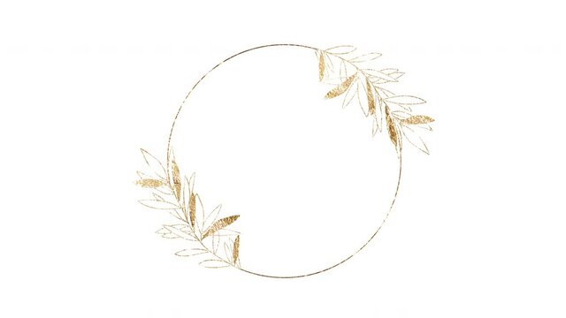 gold foil wreath of golden foliage greenery branches herbal watercolor frame white matte alpha channel