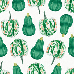Pumpkin Seamless watercolor pattern of different shapes of pastel colors. Perfect for thanksgiving cards or wrapping paper, halloween design. Background with old paper texture.