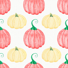 Pumpkin Seamless watercolor pattern of different shapes of pastel colors. Perfect for thanksgiving cards or wrapping paper, halloween design. Background with old paper texture.