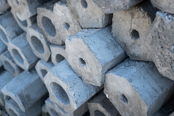 Close up cross-sectional area of stacked of concrete pile stake
