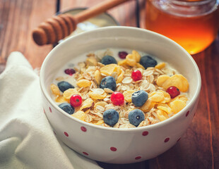 Healthy breakfast muesli with berries, honey and milk	