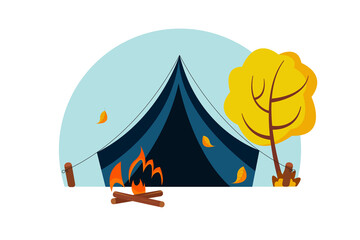 Autumn illustration of a tent and a campfire. The concept of active tourism. Flat-style illustration.