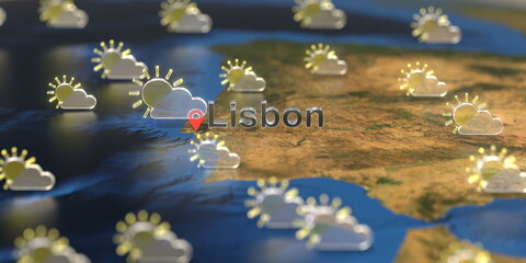 Lisbon city and partly cloudy weather icon on the map, weather forecast related 3D rendering