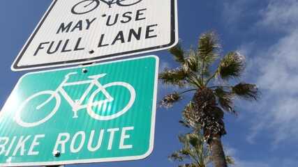Bike Route green road sign in California, USA. Bicycle lane singpost. Bikeway in Oceanside pacific...