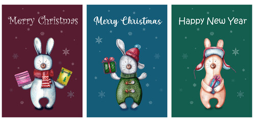 Fototapeta premium watercolor illustration set of ready-made greeting cards for a Happy Christmas and happy New year. Christmas cute rabbit with a gift in his hand. Cute toy rabbit for poster, invitations and greeting