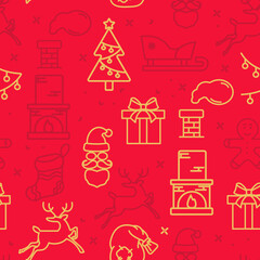 Red seamless pattern with Christmas symbols of a deer and santa. Xmas vector background.